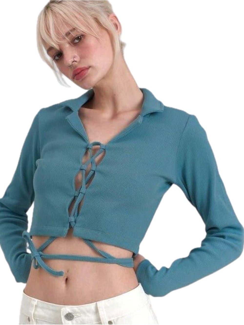 Milk It Ridge Lace Up Front Top